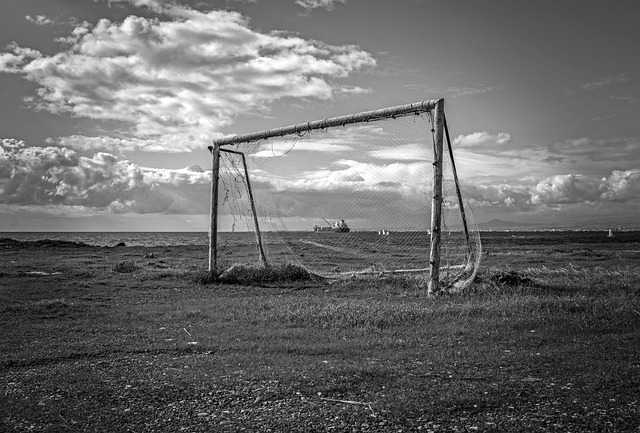 Black and White Photo of an Old Soccer Net