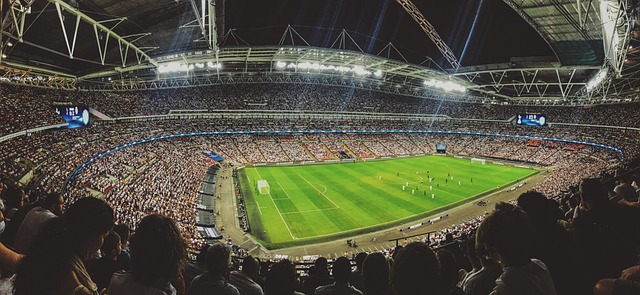 Crowded 
                    Stadium with a Soccer Field and Players on the Field